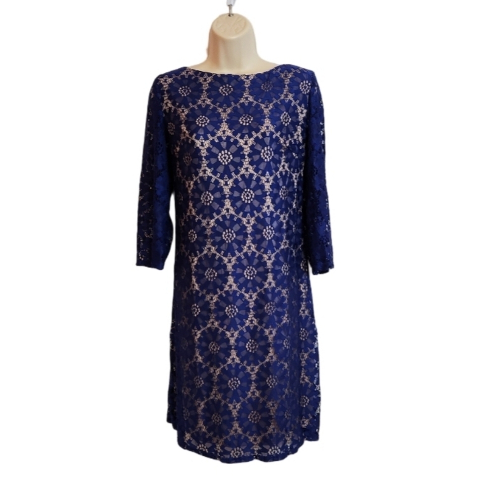 Jessica Howard Lace Cocktail Swing Dress Royal Blue Tan Size 12